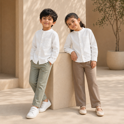 Boy and girl wearing white cotton band-collar shirts