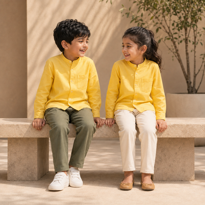 Boy and girl wearing yellow cotton band-collar shirts