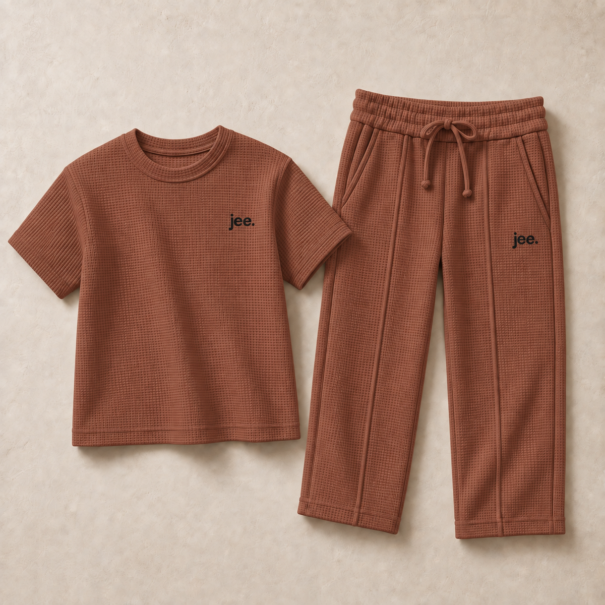 Muted Rust premium fine-knit Round Neck cord set flat lay with jee. logo