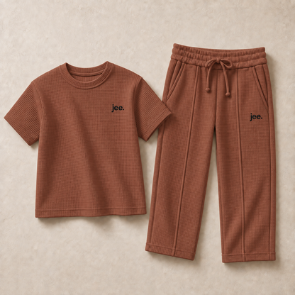 Muted Rust premium fine-knit Round Neck cord set flat lay with jee. logo