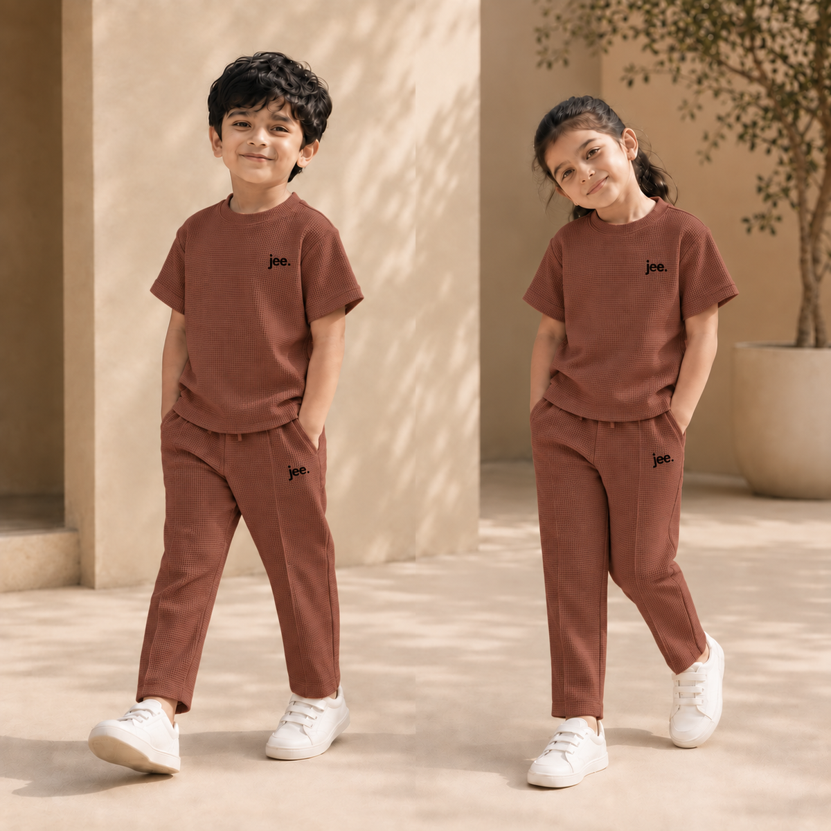 Children wearing muted Rust premium fine-knit Round Neck cord sets with jee. logo