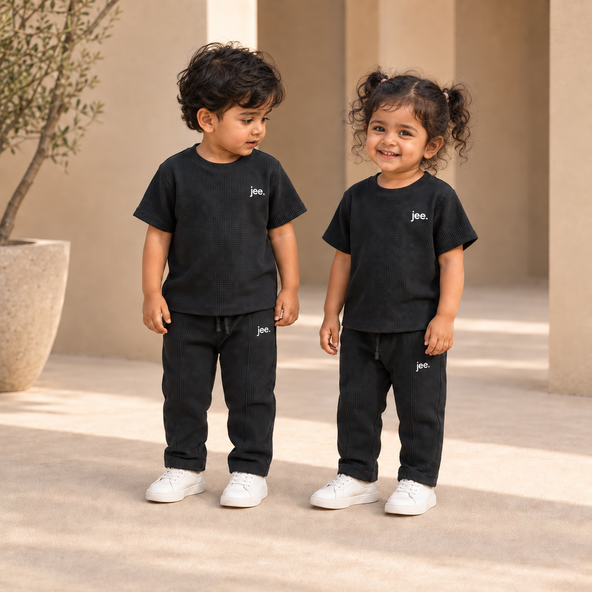Toddlers wearing Black Round Neck cord sets with jee. logo