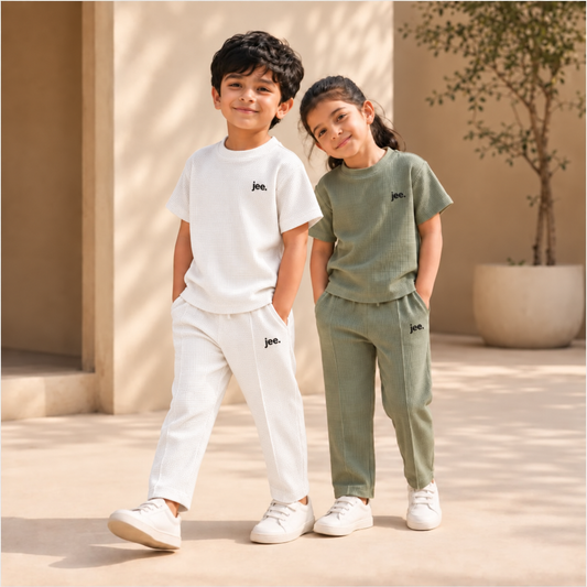 Round Neck cord set in White and Army Green with jee. logo