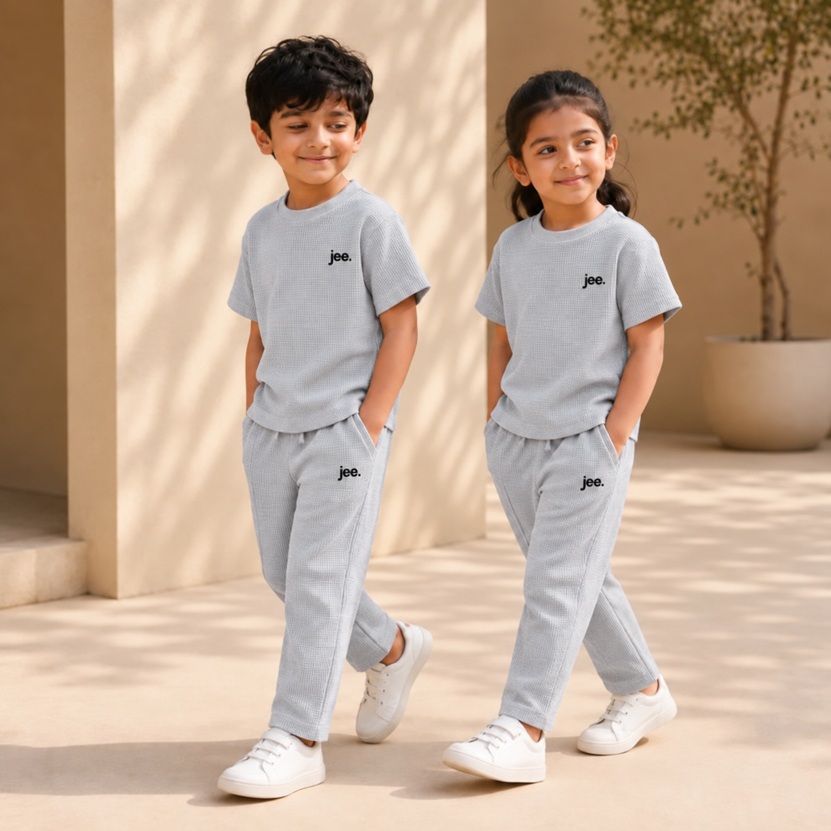 Round Neck cord set in cool Gray with jee. logo
