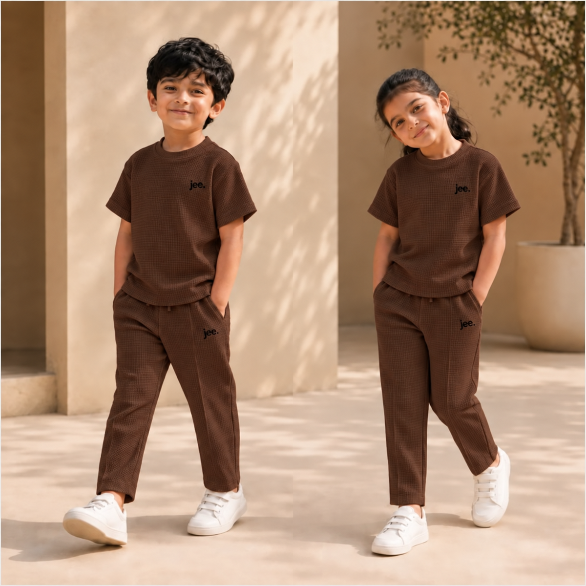 Round Neck cord set in Dark Brown with jee. logo