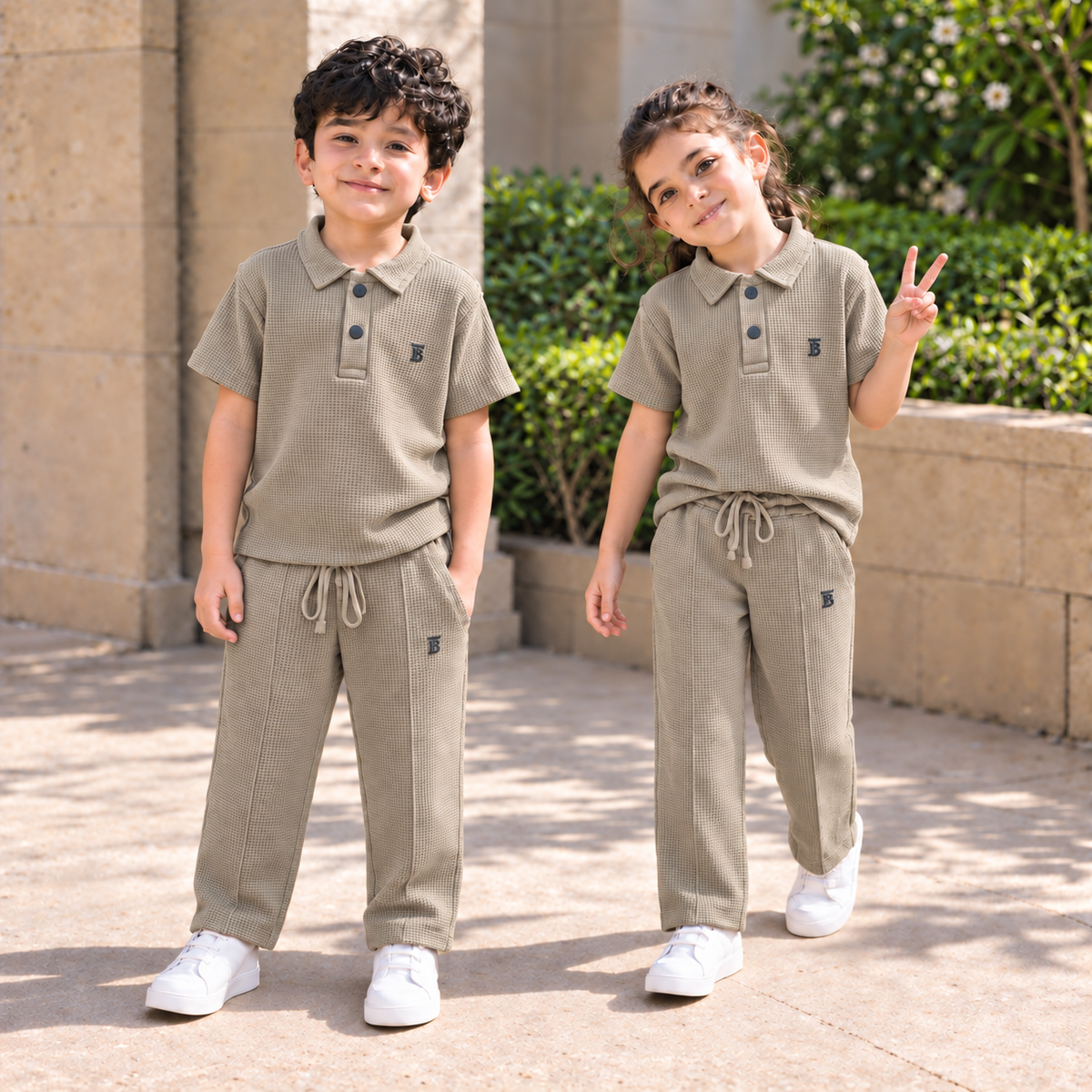 BORN 78 Waffle-Knit Polo Cord Set in beige — natural boy and girl lifestyle image