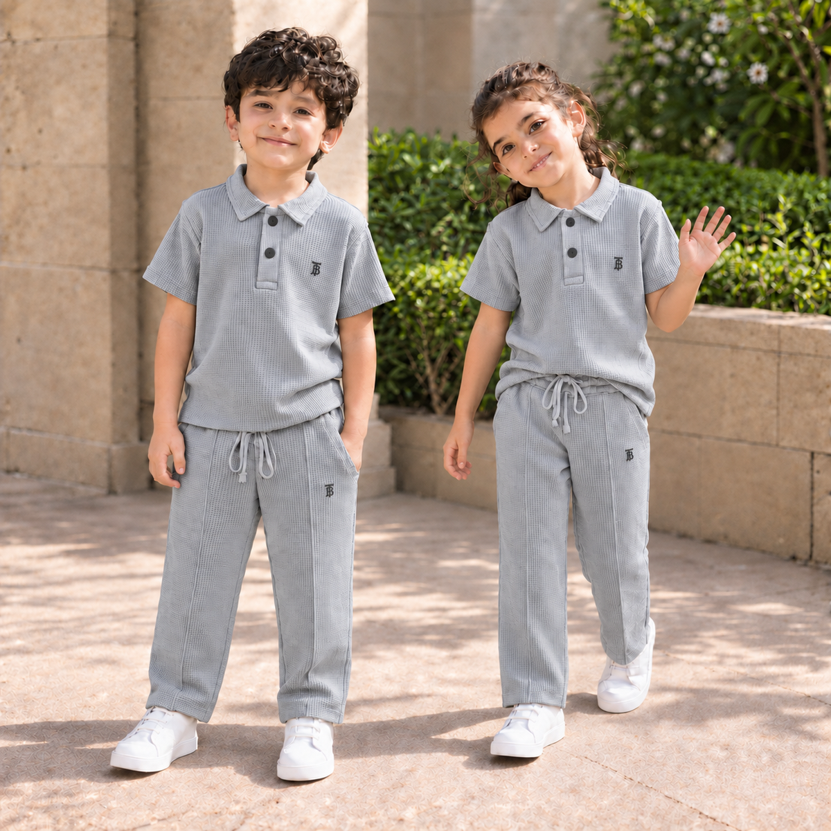 BORN 78 Waffle-Knit Polo Cord Set in grey — natural boy and girl lifestyle image