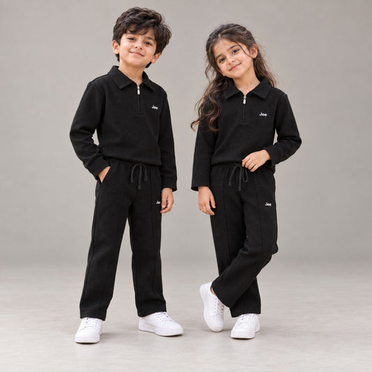 Black textured zip-neck winter co-ord set