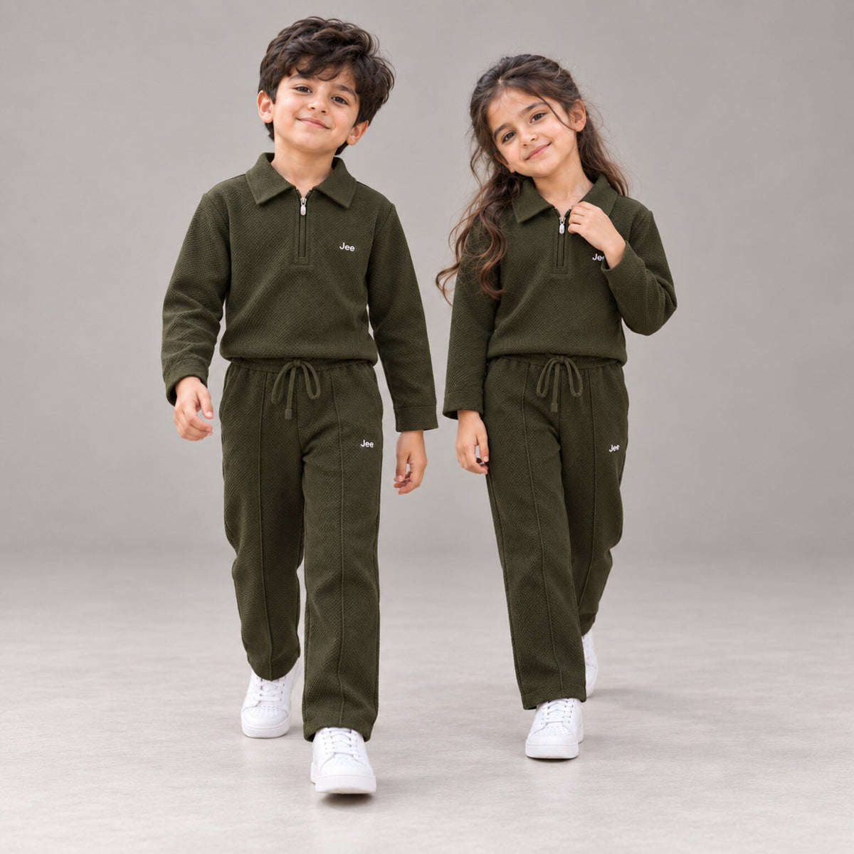 Army green textured zip-neck winter co-ord set