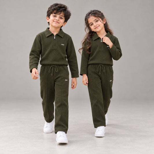 Army green textured zip-neck winter co-ord set