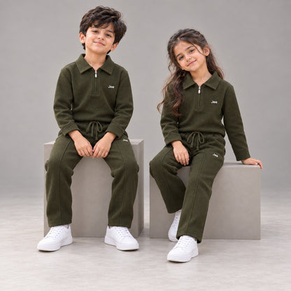 Army green winter co-ord set seated view